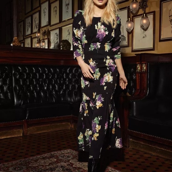 ByTiMo Floral Crepe Smocked Drop Waist Black Floral Gathered Maxi Dress small - Picture 1 of 11